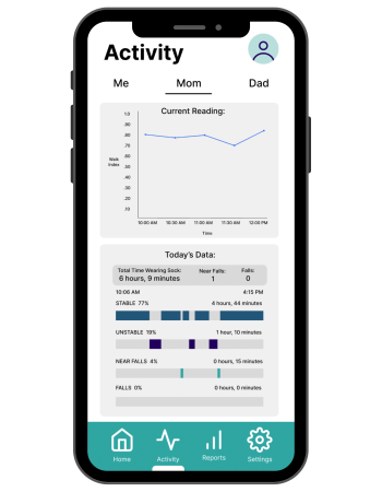 By switching between tabs, the user can see an activity summary for each profile. It includes a graph of their data, a breakdown of daily time spent stable/unstable, and number of near falls/falls