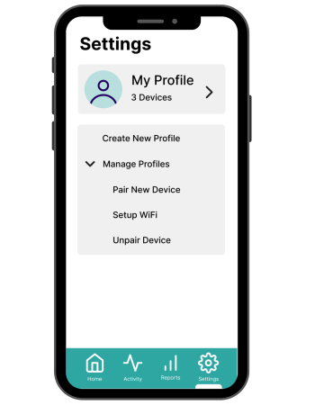 Here, a user can conveniently manage the different devices/profiles stored on their account. They are able to add/remove devices, create new profiles, and setup WiFi.